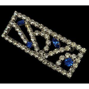 Vintage Art Deco Rhinestone Brooch With Blue & Clear Stones Bar Pin Brooch 1950S